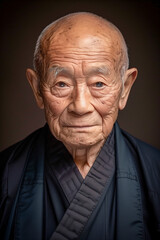 Obraz premium An elderly Tibetan monk with a serene smile and traditional robes