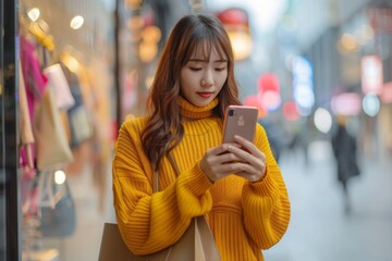 Woman in yellow sweater using cell phone