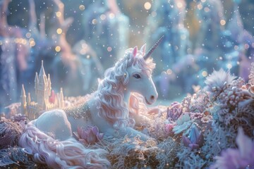 Stunning magnificent fairy unicorn, in delicate pastel shades, white and pink, with flowers, decorations, magical castle, waterfalls.