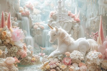 Stunning magnificent fairy unicorn, in delicate pastel shades, white and pink, with flowers, decorations, magical castle, waterfalls.