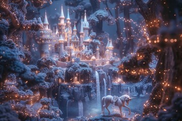 Stunning magnificent fairy unicorn, in delicate pastel shades, white and pink, with flowers, decorations, magical castle, waterfalls.