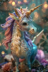 Stunning magnificent fairy unicorn, shimmering with rainbow colors, with flowers, decorations.