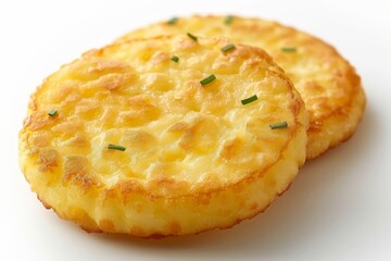 Classic potato cakes with a golden crust, served on a clean white plate, set in a bright kitchen scene with natural light