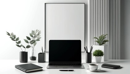 Fototapeta premium A sleek and minimalist office desk setup with a laptop, notebook, coffee cup, and potted plant. 
