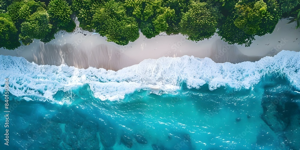 Canvas Prints Aerial drone view of ocean waves on tropical beach island. Concept Aerial Photography, Ocean Waves, Tropical Beach, Island Views, Drone Footage - Canvas Prints