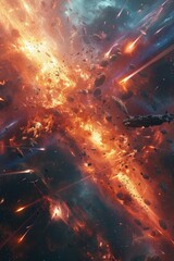 Space battle in space, explosions, skirmish, shooting, spaceships, orange and red glow.