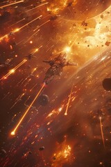 Space battle in space, explosions, skirmish, shooting, spaceships, orange and red glow.