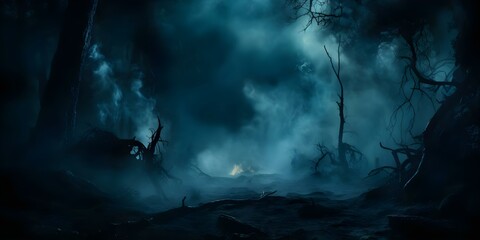 Fototapeta premium Dark scene with blue smoke and mist creating an eerie atmosphere. Concept Eerie Photoshoot, Dark Aesthetic, Blue Smoke, Misty Settings, Atmospheric Vibes