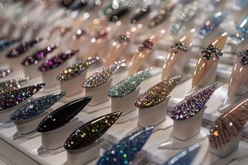 A glamorous display of nail extensions in various shapes and lengths, from classic stiletto to trendy coffin styles.