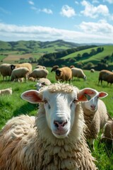 A group of adorable farm animals gather in a lush green pasture, with rolling hills in the background and a bright blue sky overhead