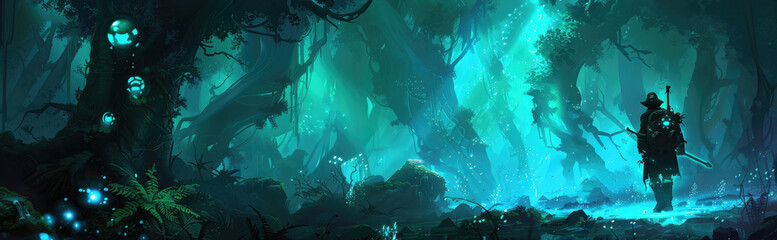 Obraz premium A lone warrior stands in a mystical forest, bathed in an eerie blue glow