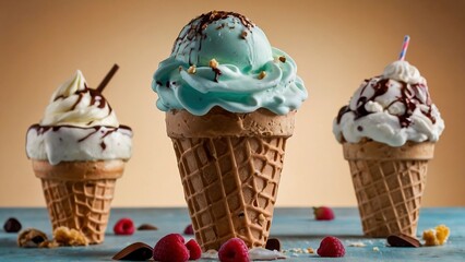 Different types of ice cream in a cone with various toppings