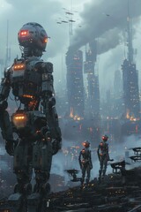 A group of humanoid robots stands defiantly amidst the ruins of a futuristic city, their glowing eyes fixed on the distant skyline. 