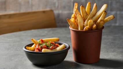 French fries in a bowl and a cup