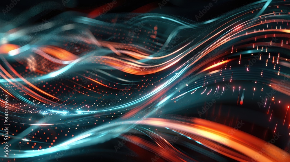 Poster dynamic digital waveforms and light trails on a dark background, representing data flow
