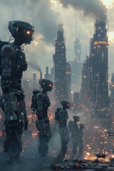 A group of humanoid robots stands defiantly amidst the ruins of a futuristic city, their glowing eyes fixed on the distant skyline. 