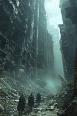 A group of scavengers picks their way through the ruins of a derelict city, searching for supplies amidst the wreckage. 