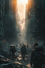 A group of scavengers picks their way through the ruins of a derelict city, searching for supplies amidst the wreckage. 