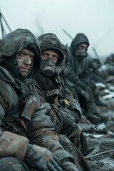 A group of survivors huddle within the safety of a makeshift settlement, their faces grimy and their clothes tattered 