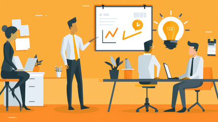 A group of business professionals are having a meeting in an office with a whiteboard. One person is pointing at the board, while the others are listening