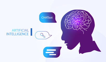 Chatbot brain vector. Chatting with ai. Conversation assistant concept. Artificial intelligence robot assistant. Online customer support.  Digital search robot application.