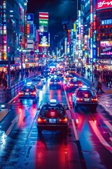 Cars are driving through the nighttime metropolis in neon lights and colorful reflections, with skyscrapers covered in advertising billboards.