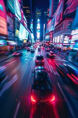 Cars are driving through the nighttime metropolis in neon lights and colorful reflections, with skyscrapers covered in advertising billboards.