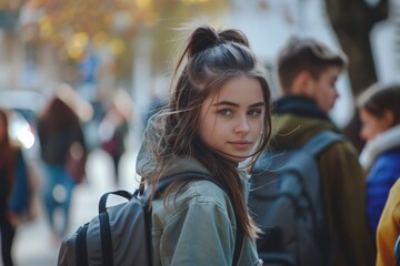 Obraz premium Female student glancing back while going for a class in college. Girl walking with friends going for class in high school 