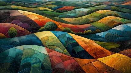 Fototapeta premium Colorful abstract landscape of rolling hills in vibrant hues, capturing a surreal and artistic view of nature's beauty.
