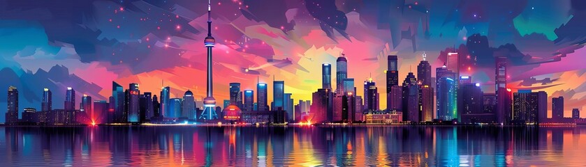 Colorful city skyline at sunset reflecting on water, showcasing vibrant urban landscape with skyscrapers and a beautiful sky.