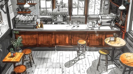 Cozy coffee shop interior with wooden furniture, counter, and bright window lighting. An inviting atmosphere for relaxation and work.