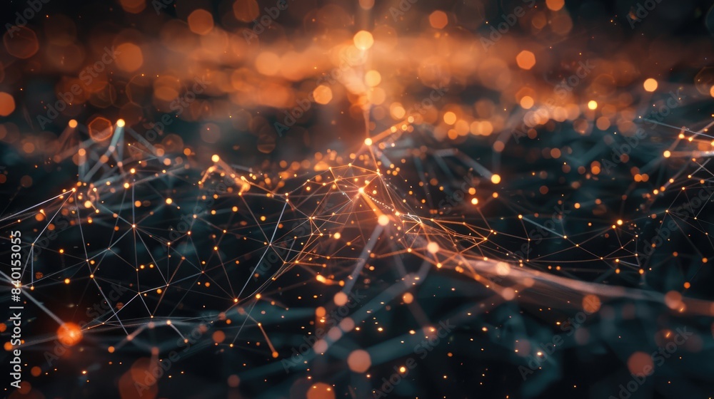 Poster futuristic network with metallic-toned dots and lines and a glowing central node