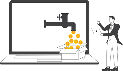 Businessman Passive income, Gold coins pouring out of faucet