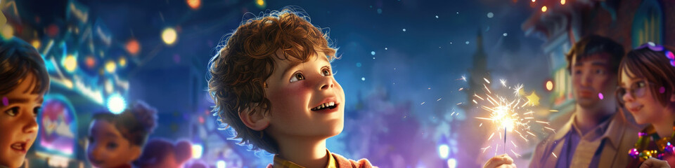 A young boy looks up in awe at a sparkling display of fireworks at a bustling night market