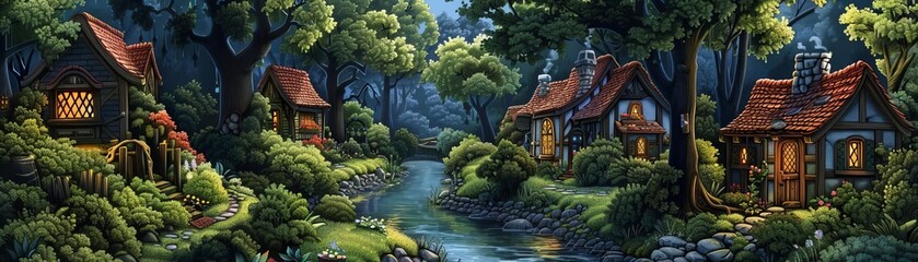 Fototapeta premium Enchanting forest village with cozy cottages, lush greenery, and a serene stream under a starry night sky.