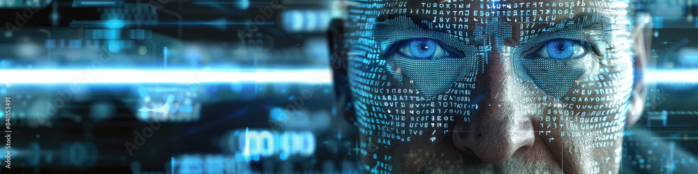 Poster a close-up of a persons face with digital code overlayed on it. the person is looking directly at th