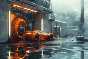 Fototapeta premium Futuristic orange sports car in a high-tech garage setting against a rainy backdrop, highlighting advanced automotive technology and sleek design.