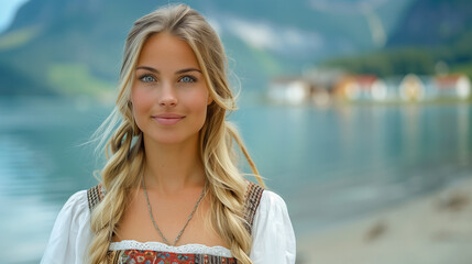 young Scandinavian woman with long blonde hair and a traditional bunad