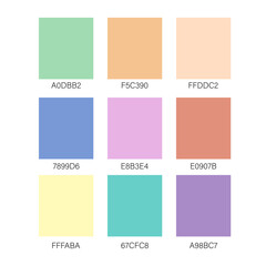 Muted pastel summer color palette with codes. Swatch guide, decoration, scheme. Vector.