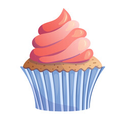 Cupcake with whipped strawberry cream. Sweet food, dessert. Cute illustration, vector isolated on white background.