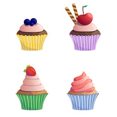 Chocolate cupcake set. Blueberry, strawberry, cherry, wafer rolls and cream. Sweet food, dessert. Cute illustration, vector isolated on white background.