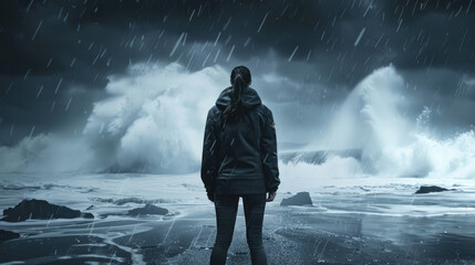 Obraz premium A woman stands on a stormy beach, facing the ocean as waves crash and rain falls