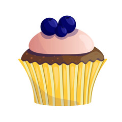 Chocolate cupcake with blueberry and cream. Sweet food, dessert. Cute illustration, vector isolated on white background.	