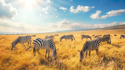 Fototapeta premium Zebras Grazing in Sunlit Savannah