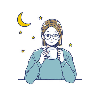 マグカップを持ってくつろぐ女性　イラスト
