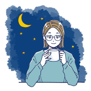 マグカップを持ってくつろぐ女性　イラスト