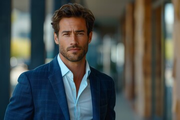 Fototapeta premium Man in blue suit and white shirt in hallway