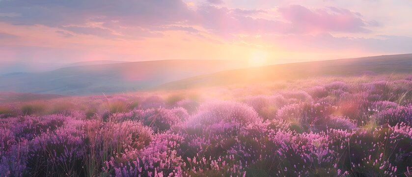 Panoramic view of purple heather flowers in the foreground, rolling hills and fields at sunrise background. 