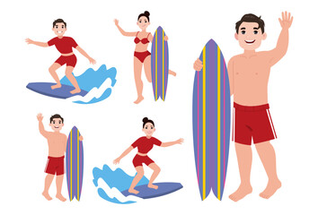 Human characters of surfers with their boards