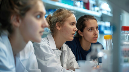 Obraz premium Three young scientists collaborate on a project in a laboratory setting
